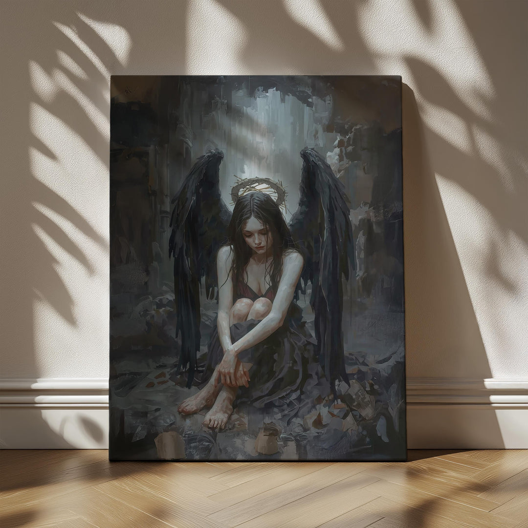 Gothic dark fantasy artwork of a fallen angel wearing a thorn crown halo with expansive black wings and dramatic lighting