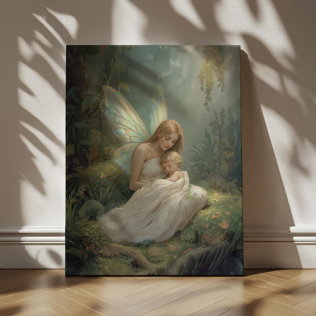 Fantasy fairy mother wall art showing a winged mother gently holding her baby in an enchanted forest, designed as calming nursery décor for new mothers.