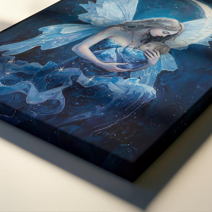 Celestial fairy mother wall art showing a winged mother holding her sleeping baby beneath a glowing moon and starry night sky, designed as peaceful nursery décor for new moms.