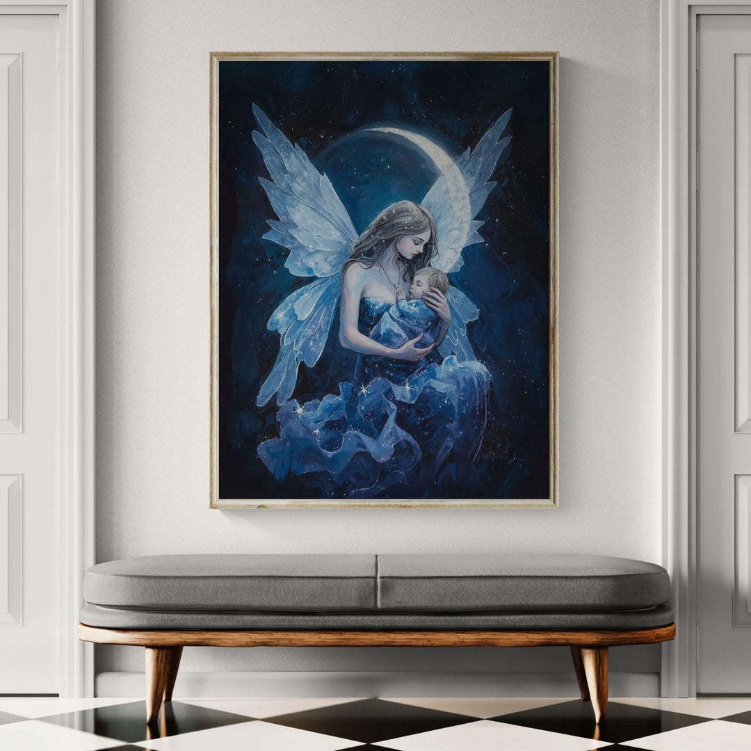 Celestial fairy mother wall art showing a winged mother holding her sleeping baby beneath a glowing moon and starry night sky, designed as peaceful nursery décor for new moms.