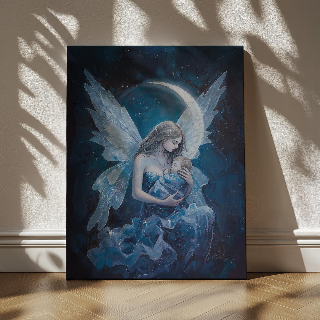 Celestial fairy mother wall art showing a winged mother holding her sleeping baby beneath a glowing moon and starry night sky, designed as peaceful nursery décor for new moms.