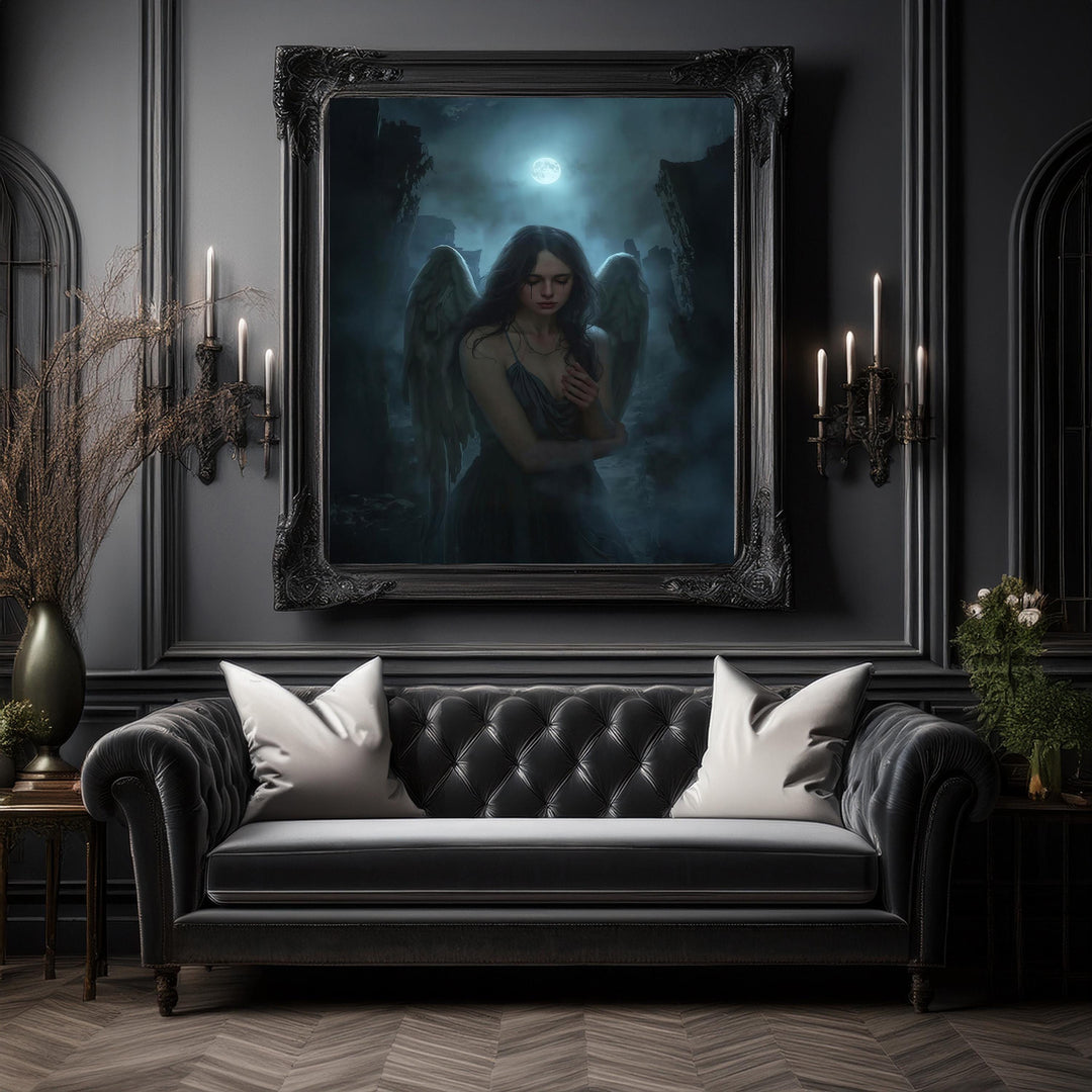 Dark fantasy artwork of a fallen angel with soft black wings standing beneath a glowing full moon in gothic ruins
