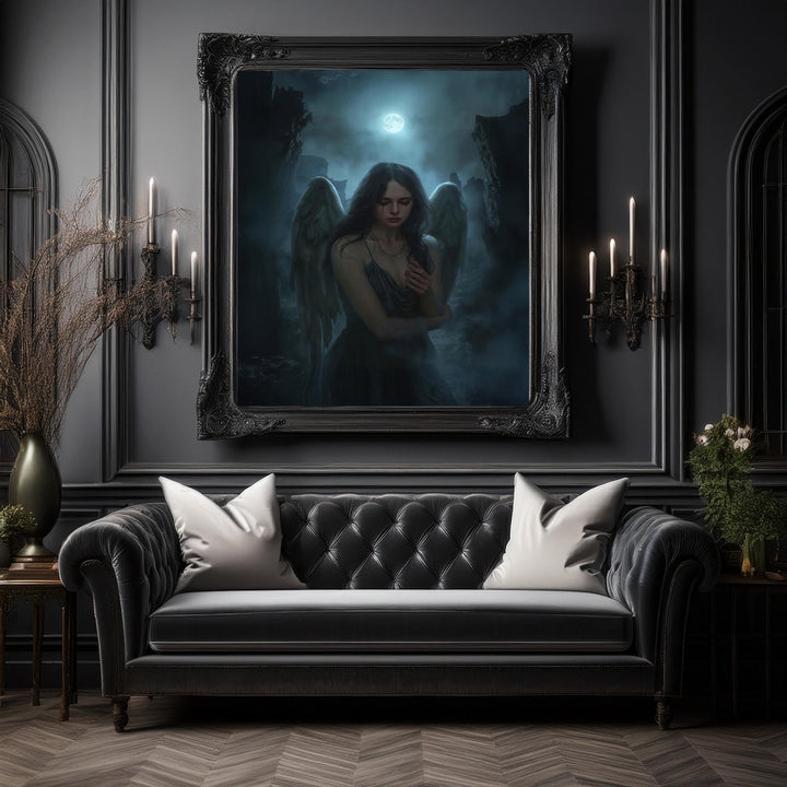 Dark fantasy artwork of a fallen angel with soft black wings standing beneath a glowing full moon in gothic ruins
