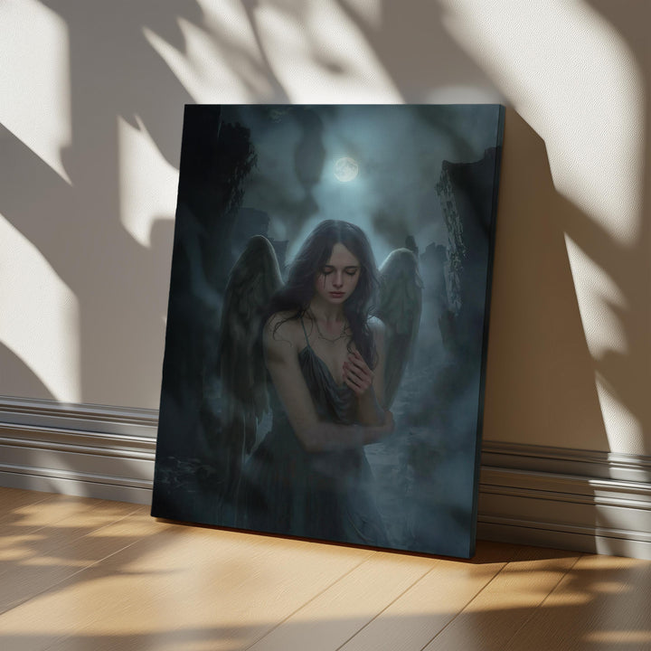 Dark fantasy artwork of a fallen angel with soft black wings standing beneath a glowing full moon in gothic ruins