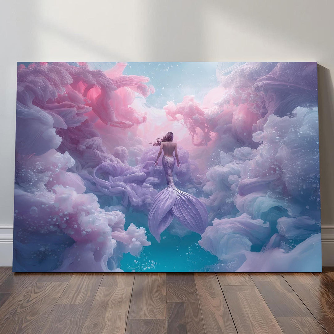Mermaid wall decor showing a graceful mermaid swimming through pastel underwater clouds with glowing light and flowing ocean movement.