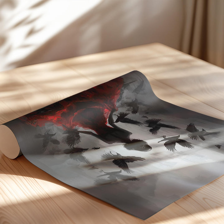 Dark gothic wall art featuring a mysterious woman in a flowing red dress with ravens flying around her in a moody shadowed setting.