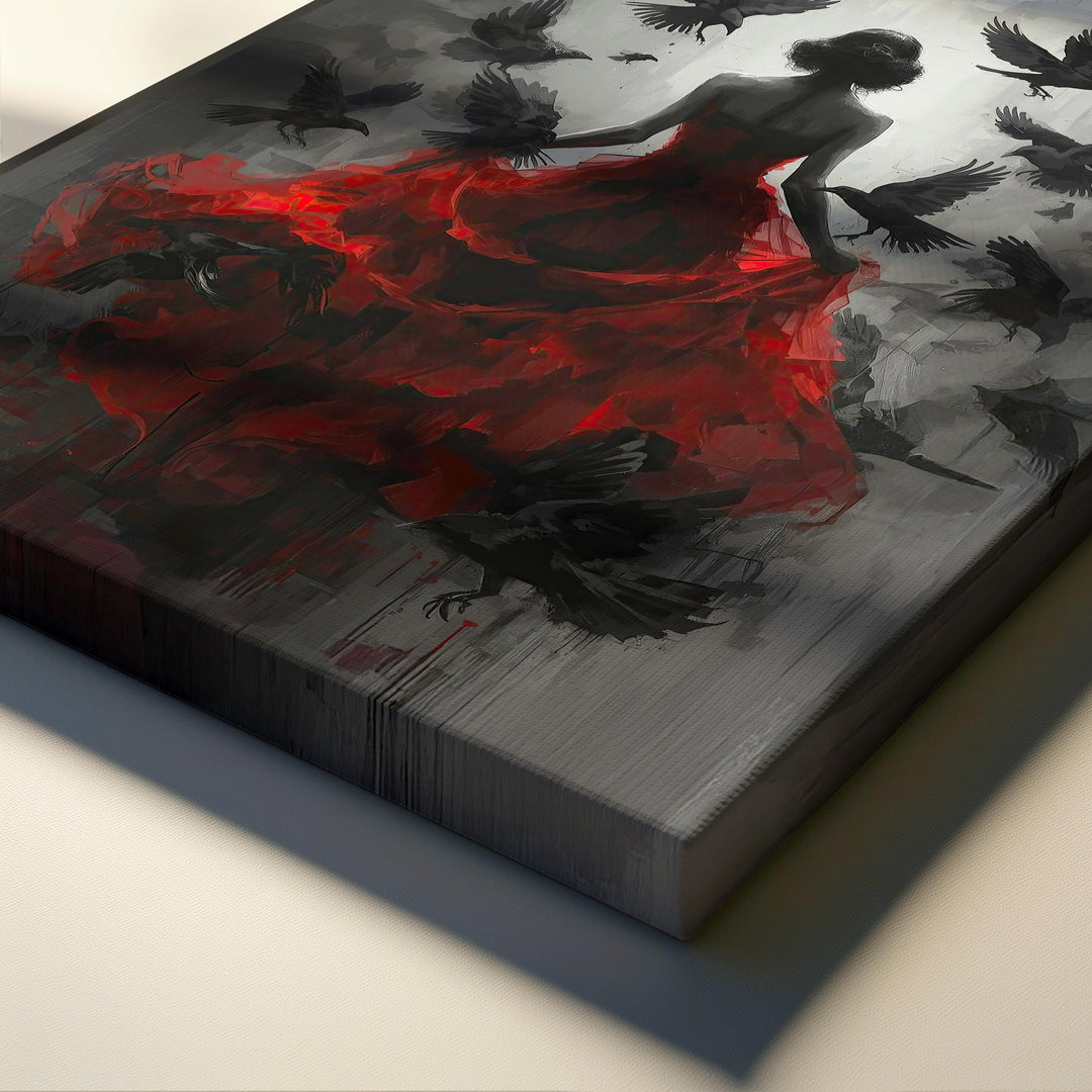 Dark gothic wall art featuring a mysterious woman in a flowing red dress with ravens flying around her in a moody shadowed setting.