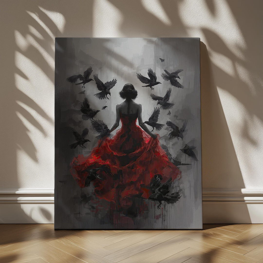 Dark gothic wall art featuring a mysterious woman in a flowing red dress with ravens flying around her in a moody shadowed setting.