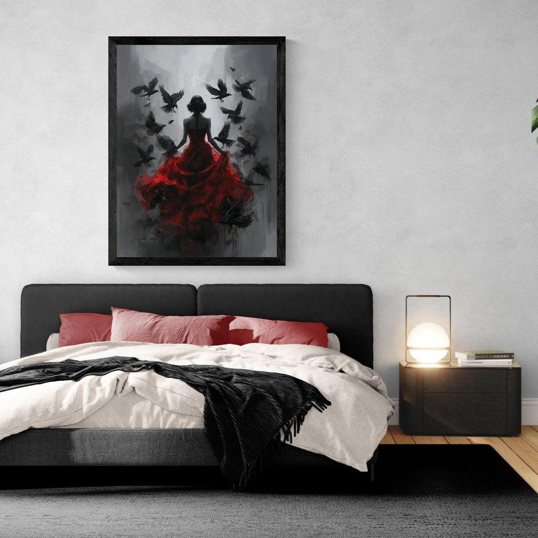 Dark gothic wall art featuring a mysterious woman in a flowing red dress with ravens flying around her in a moody shadowed setting.