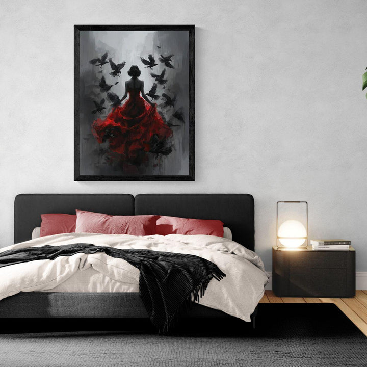 Dark gothic wall art featuring a mysterious woman in a flowing red dress with ravens flying around her in a moody shadowed setting.