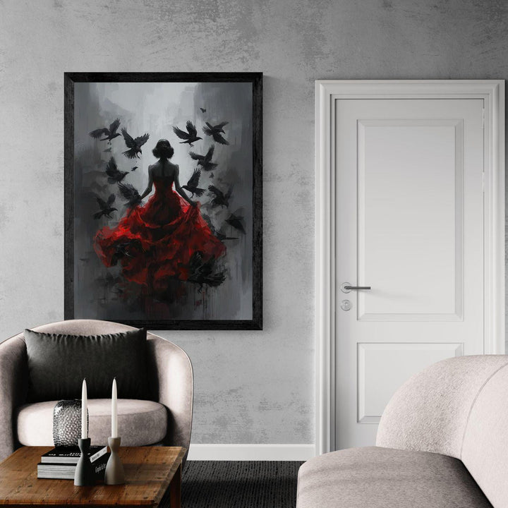 Dark gothic wall art featuring a mysterious woman in a flowing red dress with ravens flying around her in a moody shadowed setting.