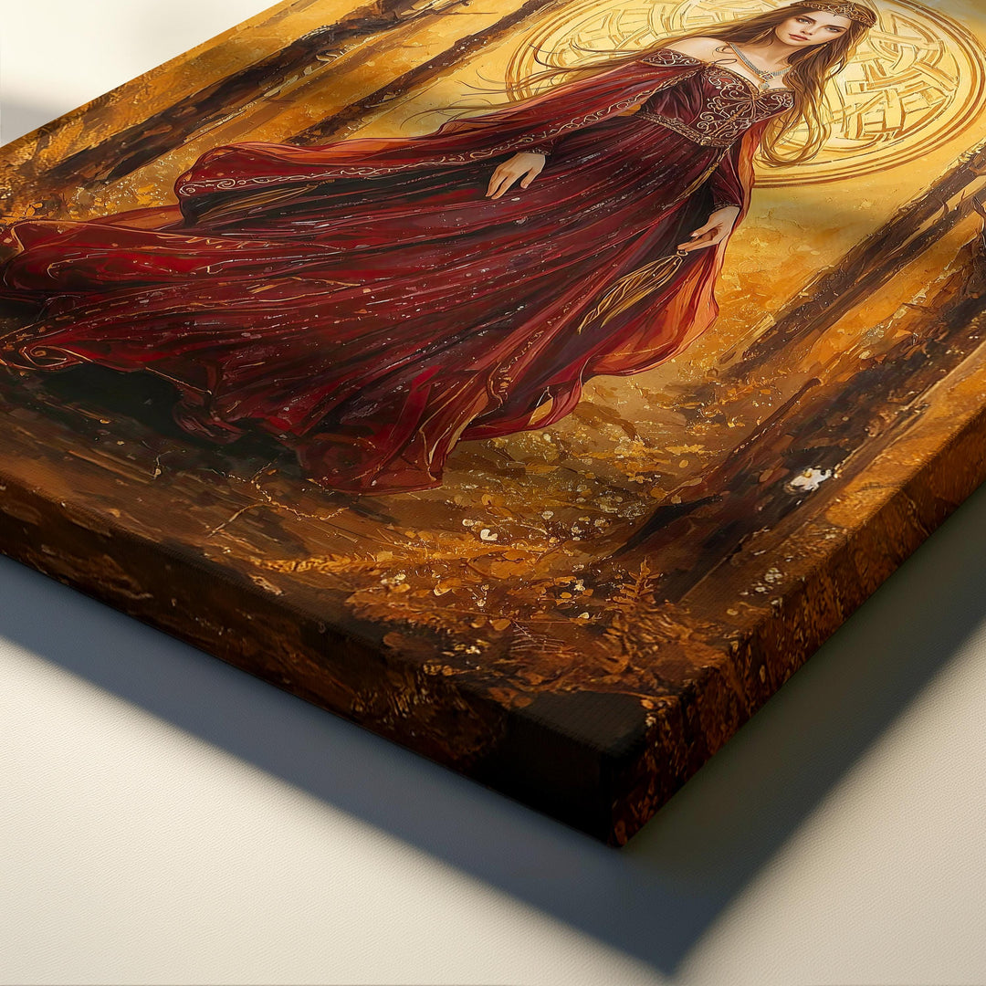 Celtic goddess fantasy wall art showing a regal queen in flowing crimson robes, surrounded by a glowing golden forest and sacred Celtic symbolism