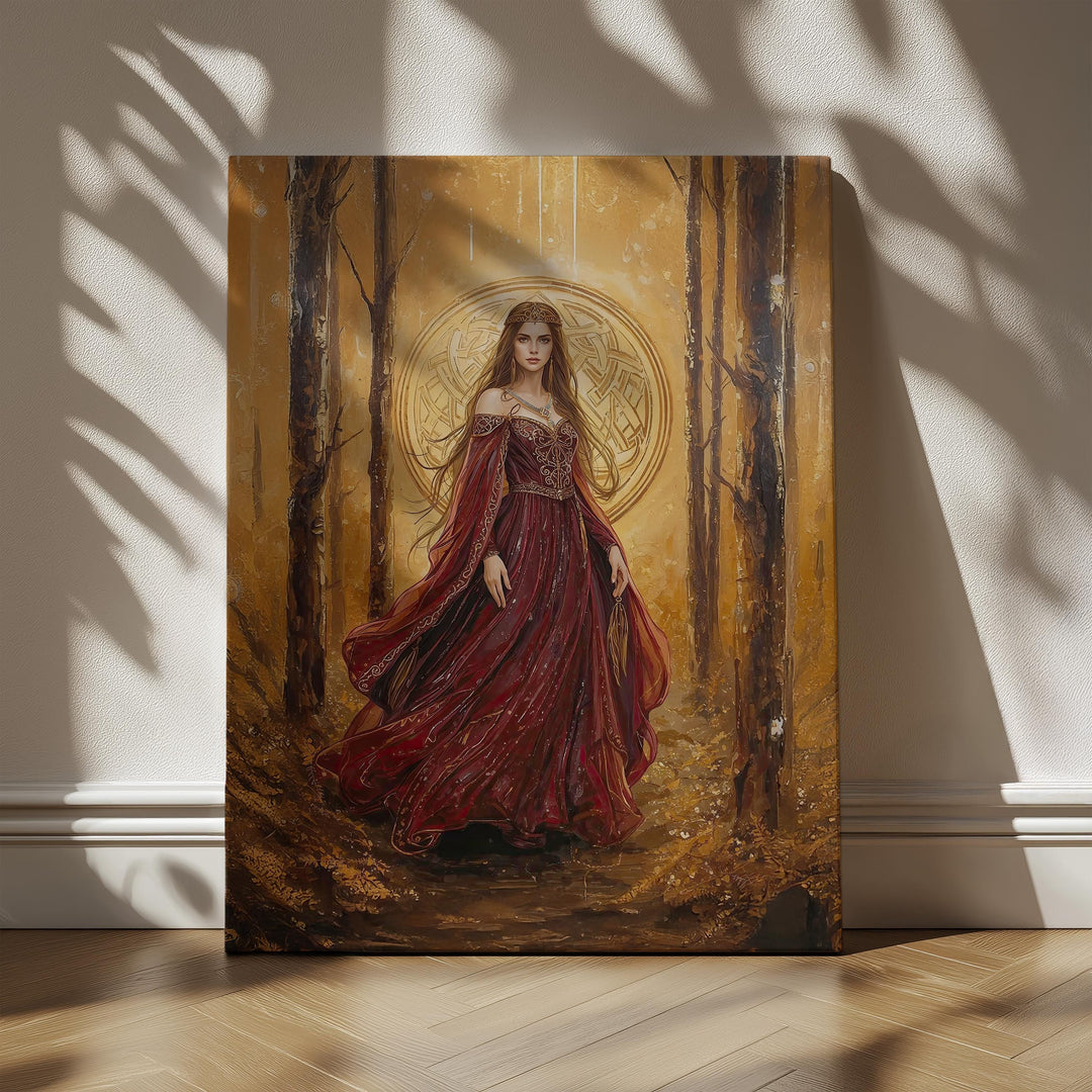 Celtic goddess fantasy wall art showing a regal queen in flowing crimson robes, surrounded by a glowing golden forest and sacred Celtic symbolism