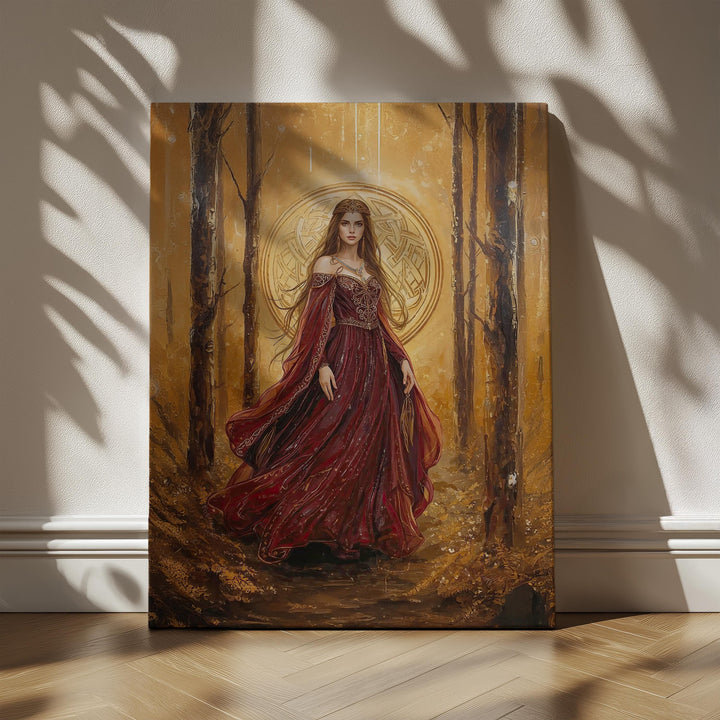 Celtic goddess fantasy wall art showing a regal queen in flowing crimson robes, surrounded by a glowing golden forest and sacred Celtic symbolism