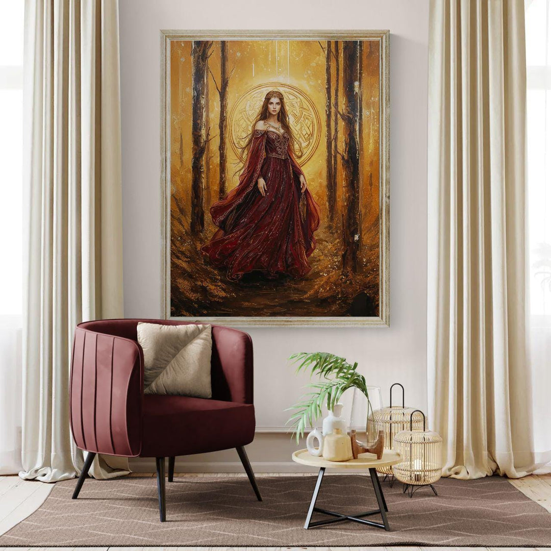 Celtic goddess fantasy wall art showing a regal queen in flowing crimson robes, surrounded by a glowing golden forest and sacred Celtic symbolism