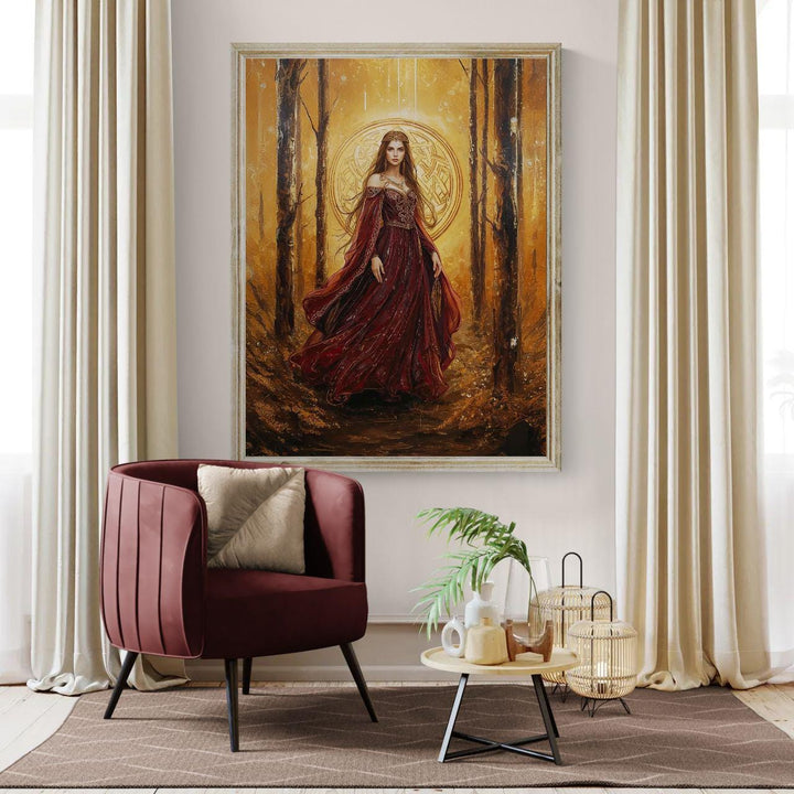 Celtic goddess fantasy wall art showing a regal queen in flowing crimson robes, surrounded by a glowing golden forest and sacred Celtic symbolism