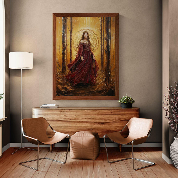 Celtic goddess fantasy wall art showing a regal queen in flowing crimson robes, surrounded by a glowing golden forest and sacred Celtic symbolism