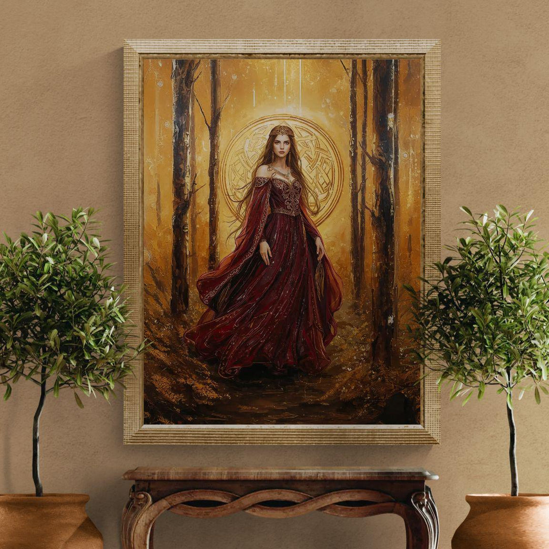 Celtic goddess fantasy wall art showing a regal queen in flowing crimson robes, surrounded by a glowing golden forest and sacred Celtic symbolism