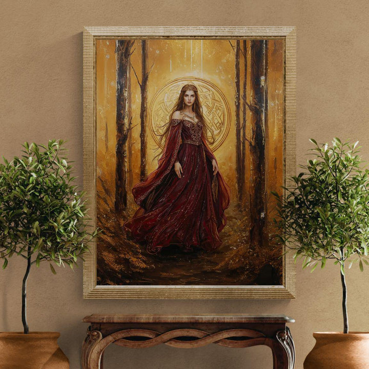 Celtic goddess fantasy wall art showing a regal queen in flowing crimson robes, surrounded by a glowing golden forest and sacred Celtic symbolism