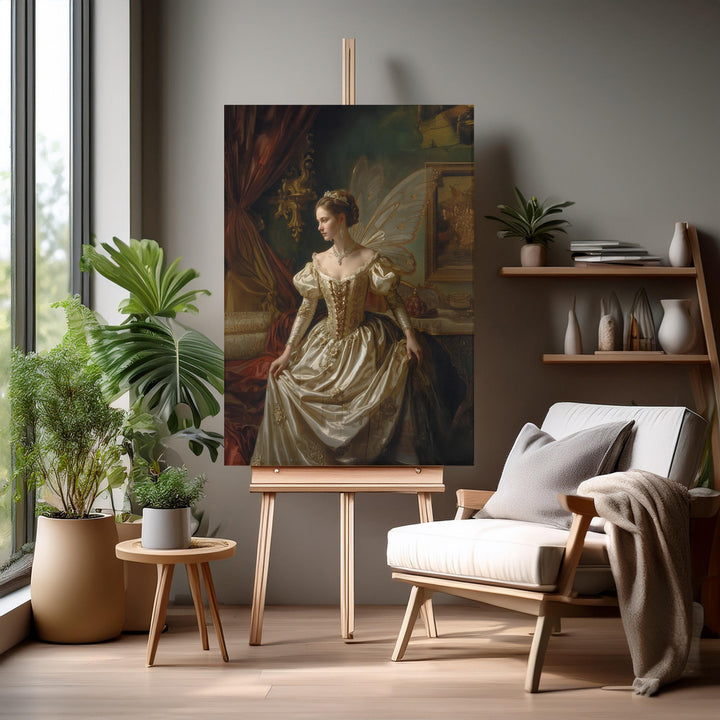 Renaissance fairy fantasy wall art featuring an elegant winged queen in a classical oil painting style with soft golden tones and romantic fairytale atmosphere