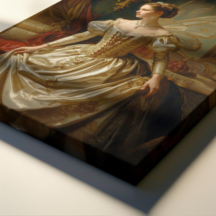 Renaissance fairy fantasy wall art featuring an elegant winged queen in a classical oil painting style with soft golden tones and romantic fairytale atmosphere