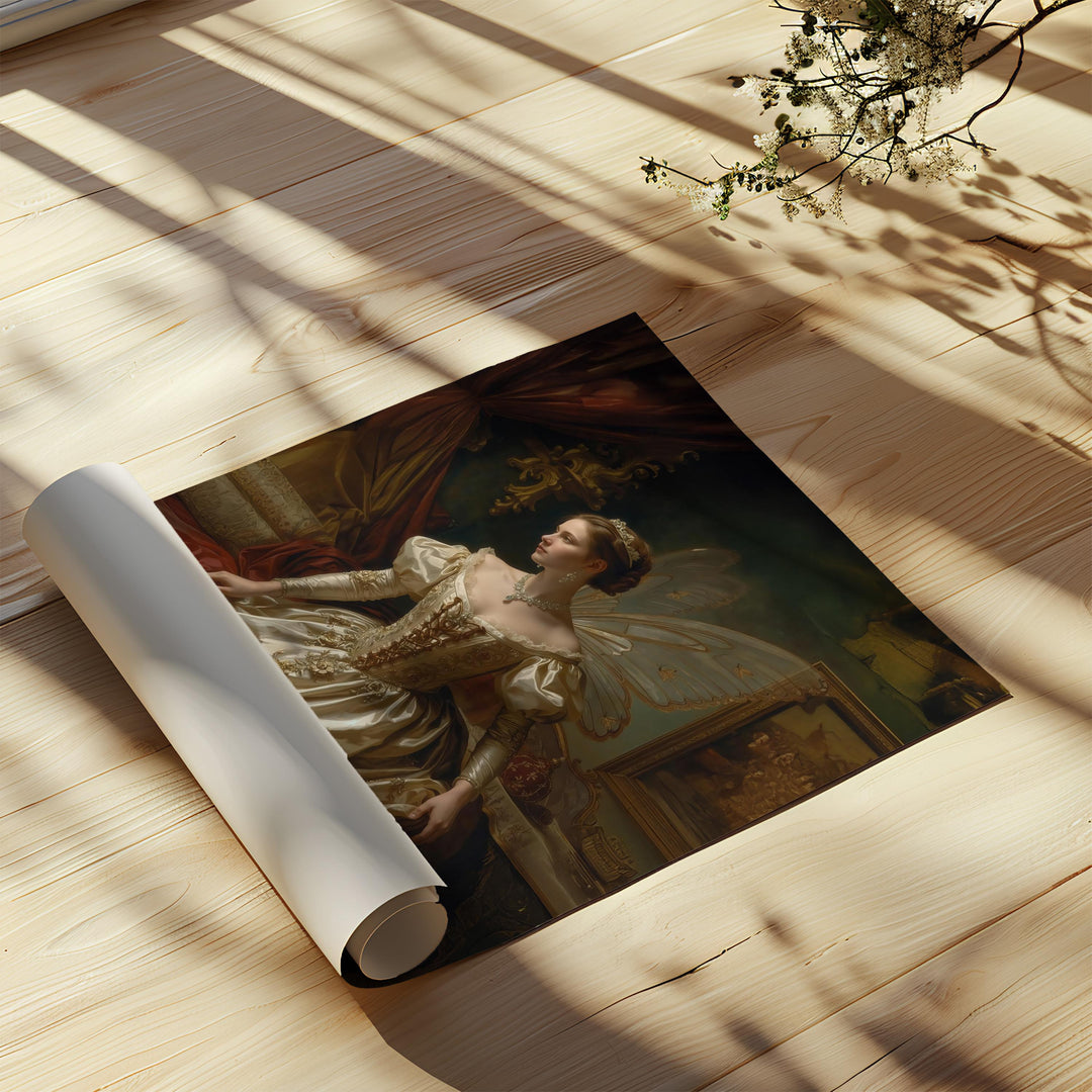 Renaissance fairy fantasy wall art featuring an elegant winged queen in a classical oil painting style with soft golden tones and romantic fairytale atmosphere