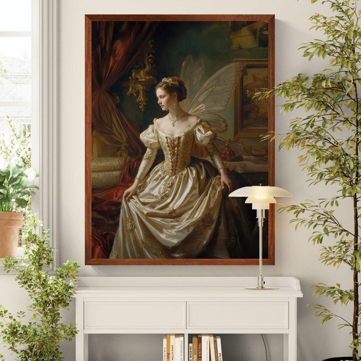 Renaissance fairy fantasy wall art featuring an elegant winged queen in a classical oil painting style with soft golden tones and romantic fairytale atmosphere