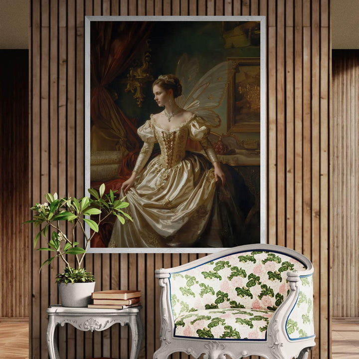Renaissance fairy fantasy wall art featuring an elegant winged queen in a classical oil painting style with soft golden tones and romantic fairytale atmosphere