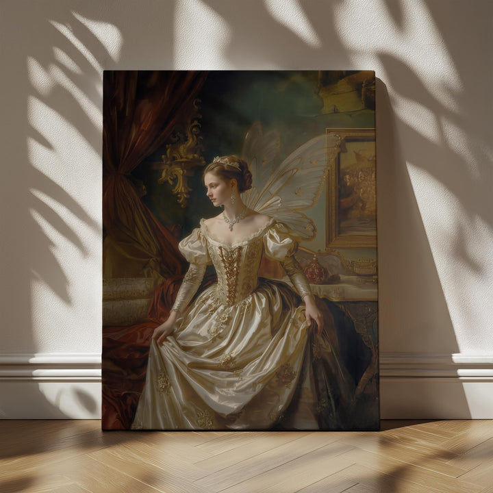 Renaissance fairy fantasy wall art featuring an elegant winged queen in a classical oil painting style with soft golden tones and romantic fairytale atmosphere