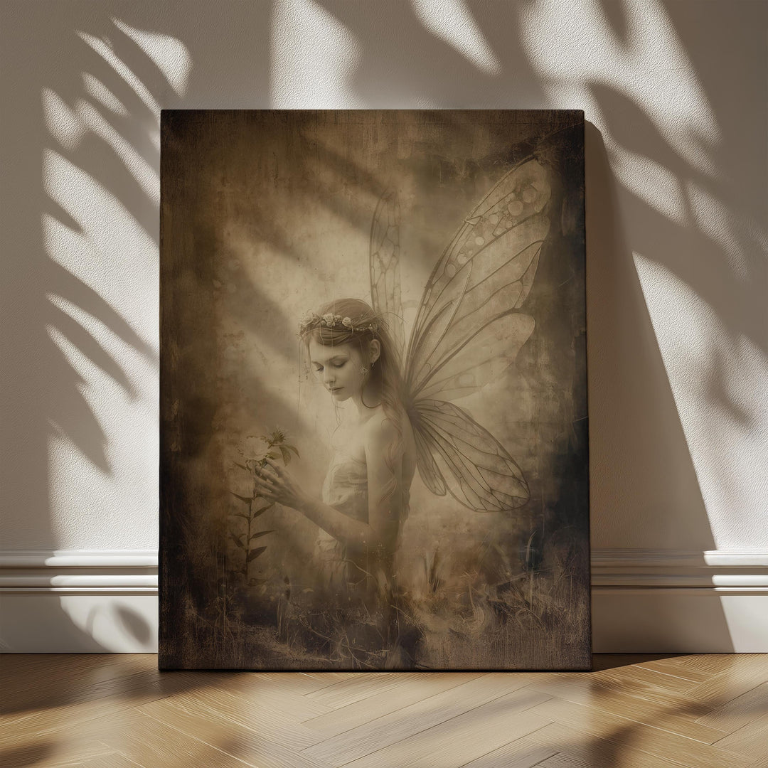 Ethereal vintage fairy wall art showing a delicate winged fae in warm sepia tones, gently holding a flower, perfect for cottagecore and fantasy home decor