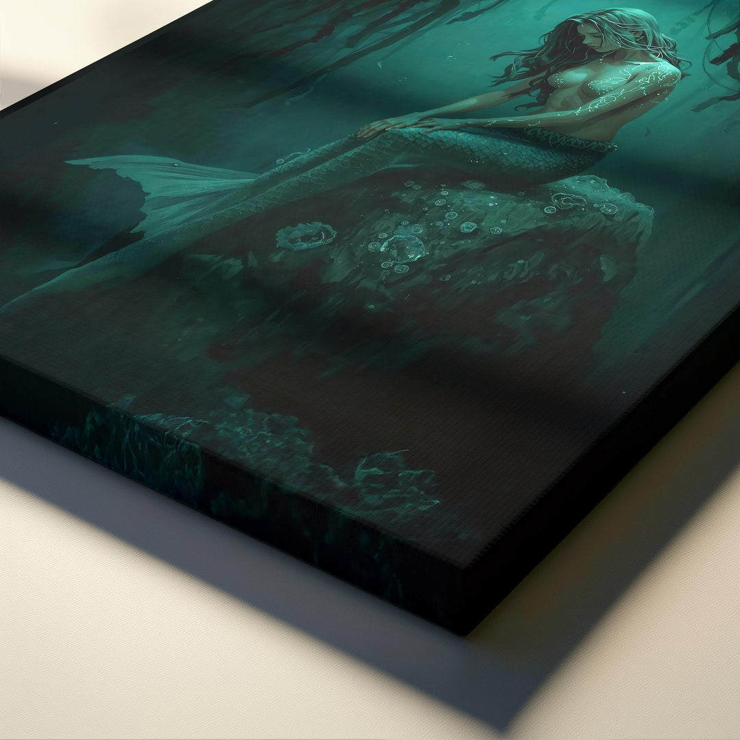 Dark mermaid wall art featuring a haunting siren seated beneath hanging kelp, glowing with teal magical markings in an underwater fantasy scene