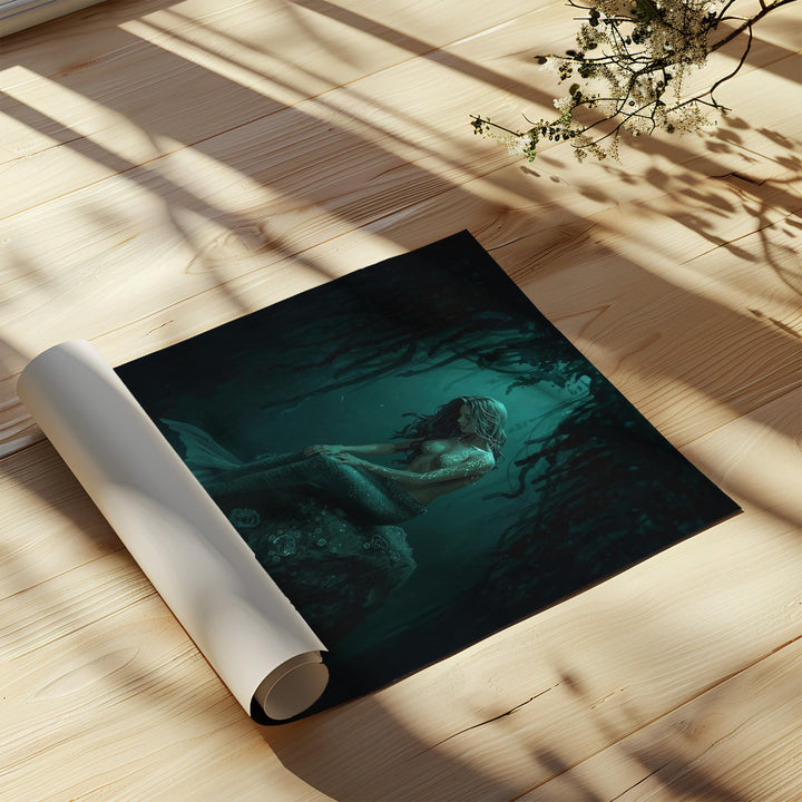 Dark mermaid wall art featuring a haunting siren seated beneath hanging kelp, glowing with teal magical markings in an underwater fantasy scene