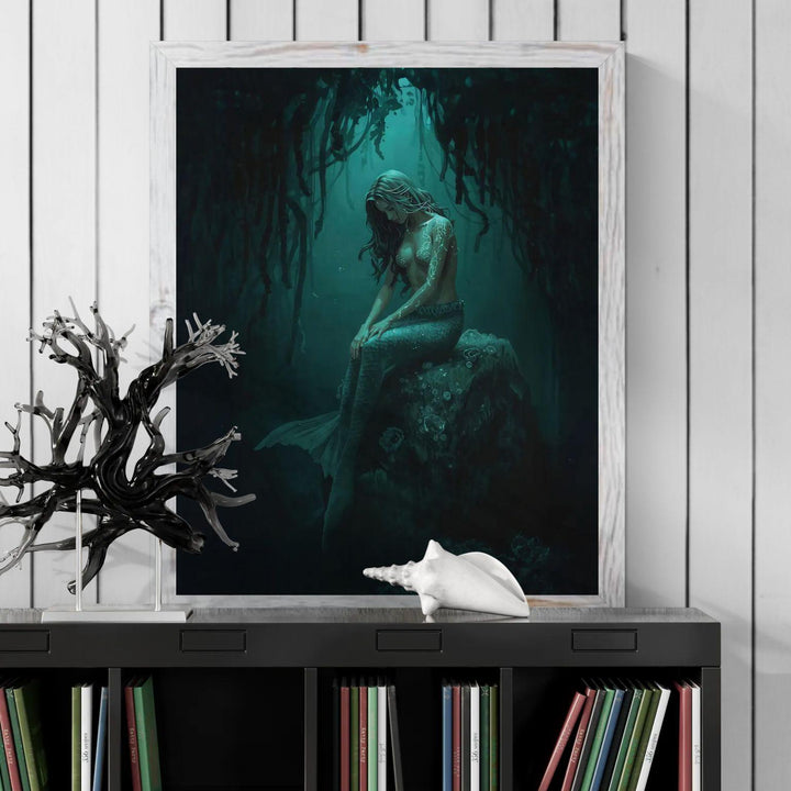 Dark mermaid wall art featuring a haunting siren seated beneath hanging kelp, glowing with teal magical markings in an underwater fantasy scene