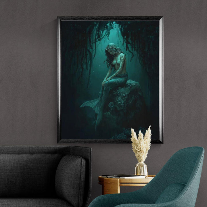 Dark mermaid wall art featuring a haunting siren seated beneath hanging kelp, glowing with teal magical markings in an underwater fantasy scene