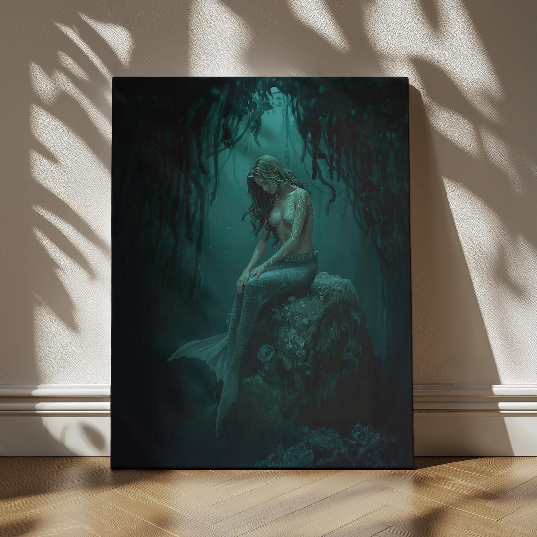 Dark mermaid wall art featuring a haunting siren seated beneath hanging kelp, glowing with teal magical markings in an underwater fantasy scene