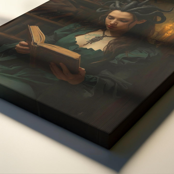 Dark academia fantasy wall art featuring a Medusa-inspired sorceress with serpent hair reading an ancient book inside a candlelit gothic library, surrounded by shelves of old tomes and warm shadows.