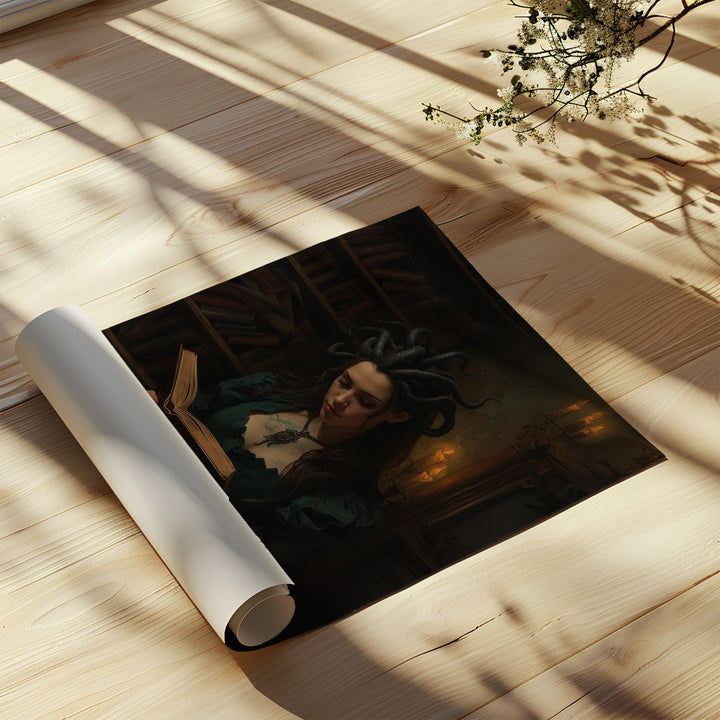Dark academia fantasy wall art featuring a Medusa-inspired sorceress with serpent hair reading an ancient book inside a candlelit gothic library, surrounded by shelves of old tomes and warm shadows.
