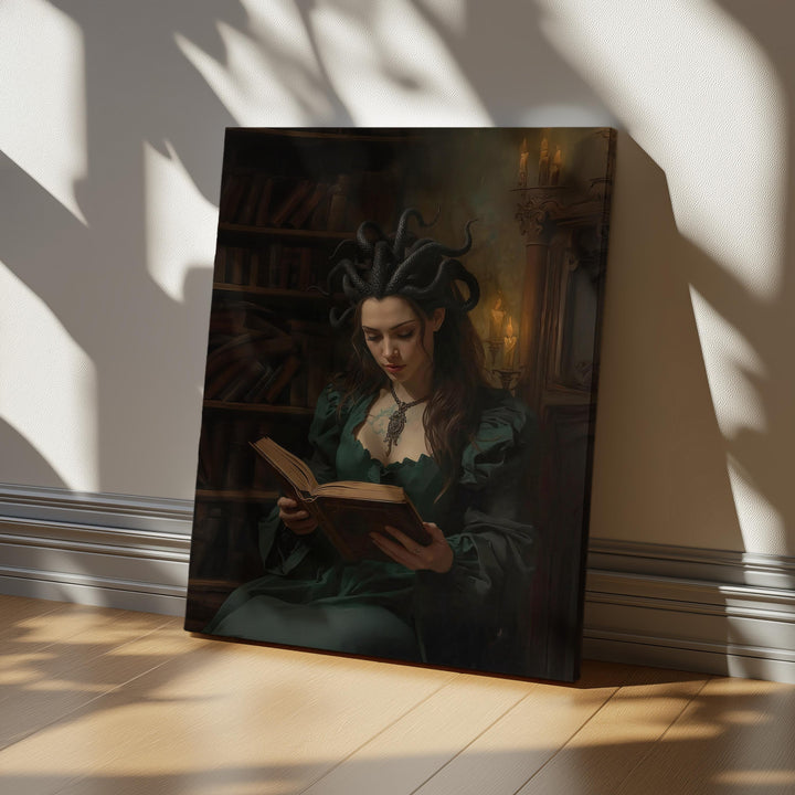Dark academia fantasy wall art featuring a Medusa-inspired sorceress with serpent hair reading an ancient book inside a candlelit gothic library, surrounded by shelves of old tomes and warm shadows.