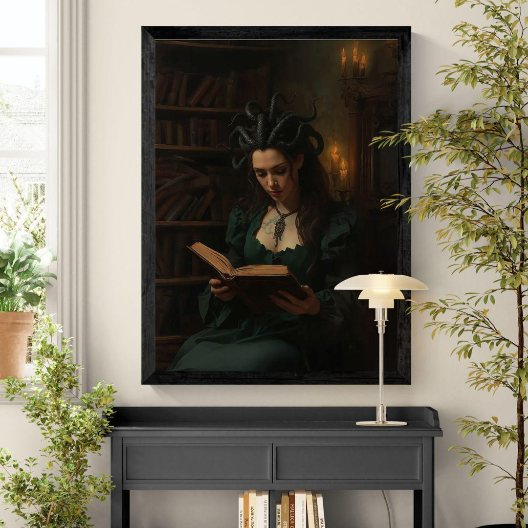 Dark academia fantasy wall art featuring a Medusa-inspired sorceress with serpent hair reading an ancient book inside a candlelit gothic library, surrounded by shelves of old tomes and warm shadows.