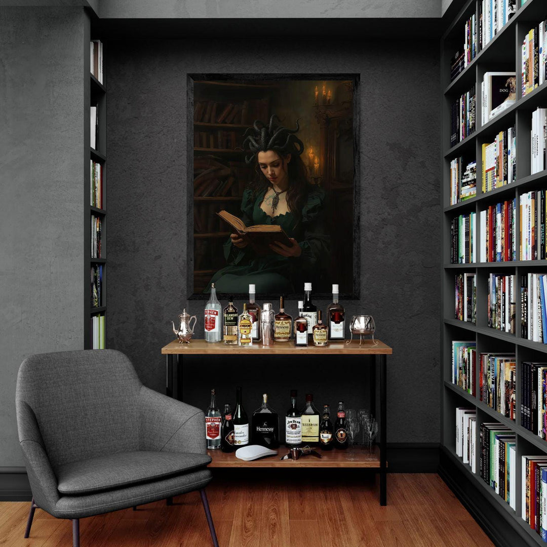 Dark academia fantasy wall art featuring a Medusa-inspired sorceress with serpent hair reading an ancient book inside a candlelit gothic library, surrounded by shelves of old tomes and warm shadows.