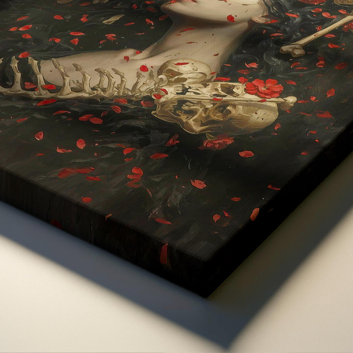 Moody gothic skull wall art featuring a serene dark-haired woman crowned with skulls and crossed bones, surrounded by red flower petals against a deep shadowy background, symbolizing beauty and mortality in a dramatic dark fantasy style.