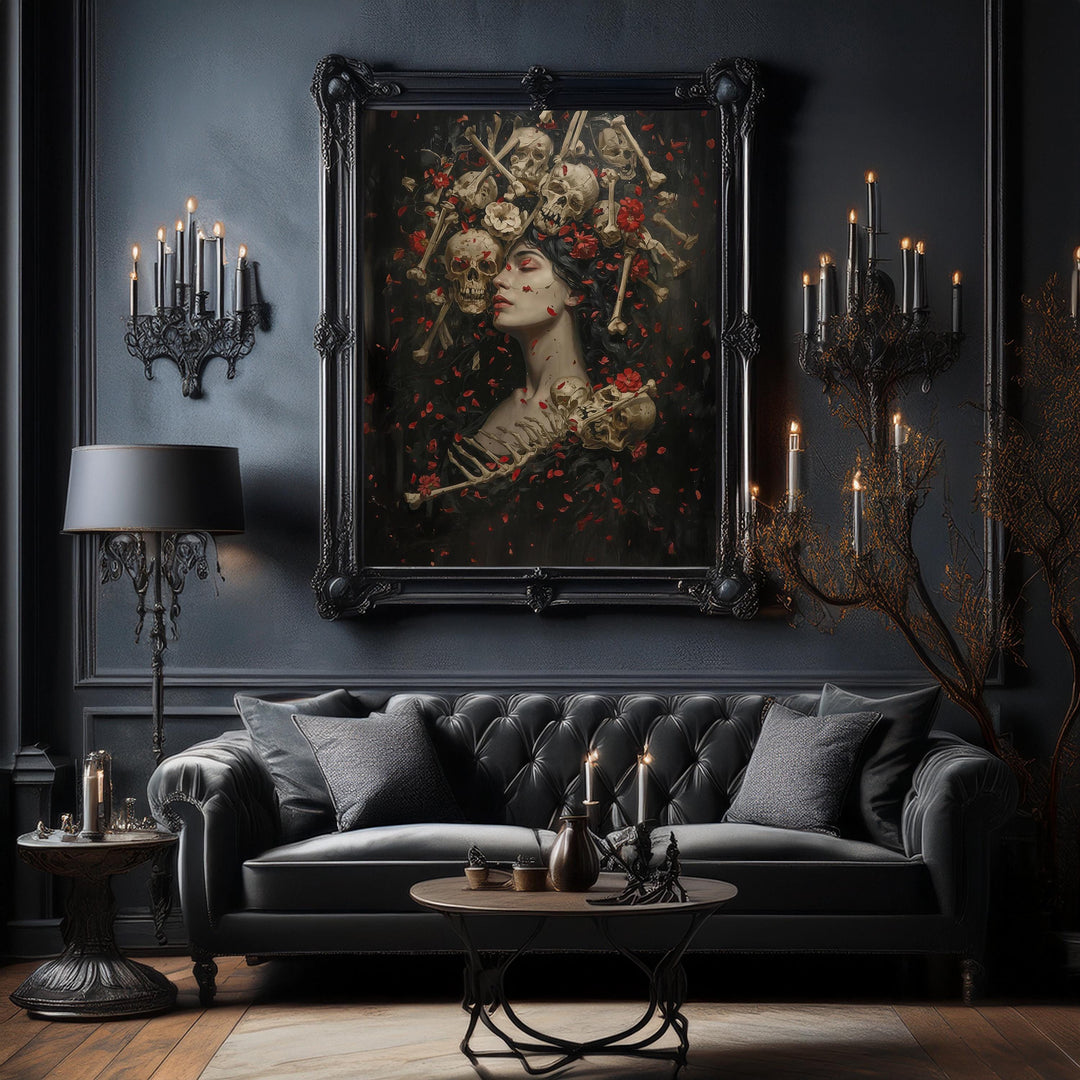 Moody gothic skull wall art featuring a serene dark-haired woman crowned with skulls and crossed bones, surrounded by red flower petals against a deep shadowy background, symbolizing beauty and mortality in a dramatic dark fantasy style.