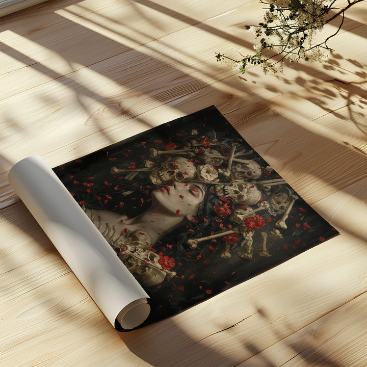Moody gothic skull wall art featuring a serene dark-haired woman crowned with skulls and crossed bones, surrounded by red flower petals against a deep shadowy background, symbolizing beauty and mortality in a dramatic dark fantasy style.
