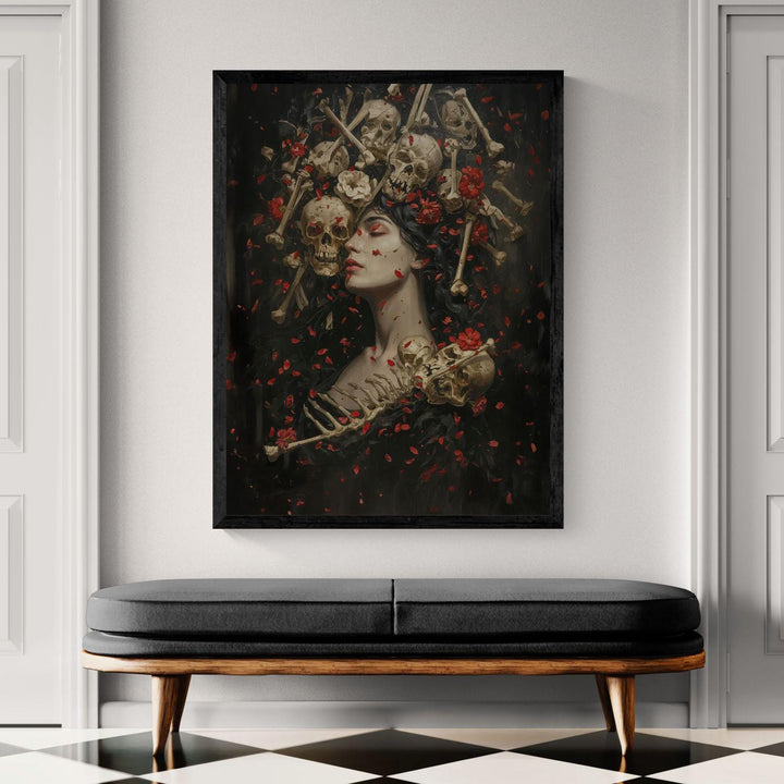 Moody gothic skull wall art featuring a serene dark-haired woman crowned with skulls and crossed bones, surrounded by red flower petals against a deep shadowy background, symbolizing beauty and mortality in a dramatic dark fantasy style.