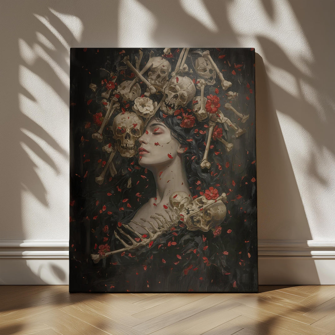 Moody gothic skull wall art featuring a serene dark-haired woman crowned with skulls and crossed bones, surrounded by red flower petals against a deep shadowy background, symbolizing beauty and mortality in a dramatic dark fantasy style.