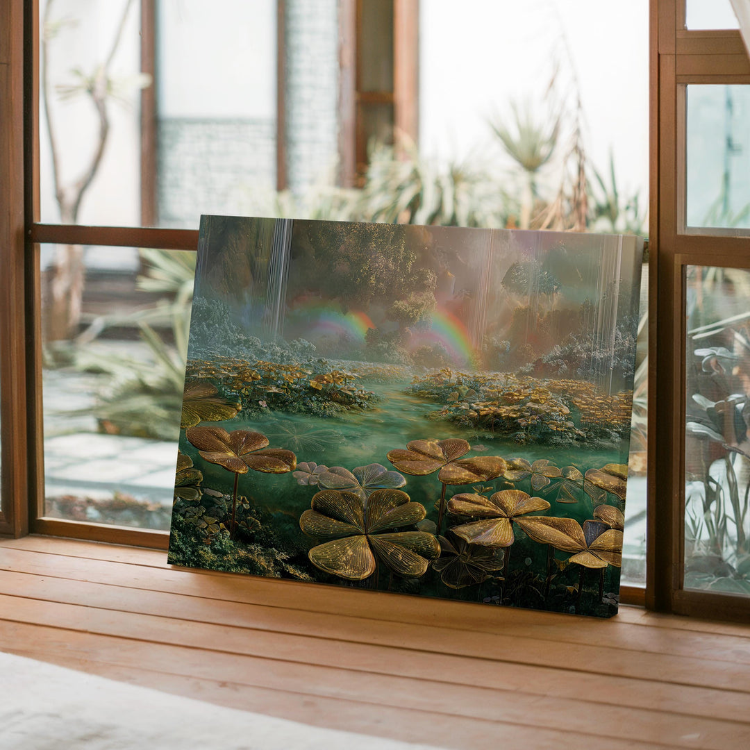Ethereal dreamcore fantasy wall art showing a glowing clover garden surrounding crystal water, soft waterfalls, and luminous rainbows in a surreal, peaceful landscape filled with pastel light.