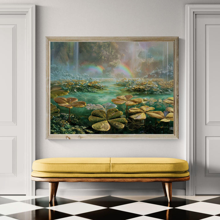 Ethereal dreamcore fantasy wall art showing a glowing clover garden surrounding crystal water, soft waterfalls, and luminous rainbows in a surreal, peaceful landscape filled with pastel light.