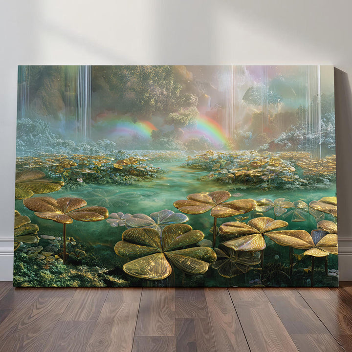 Ethereal dreamcore fantasy wall art showing a glowing clover garden surrounding crystal water, soft waterfalls, and luminous rainbows in a surreal, peaceful landscape filled with pastel light.