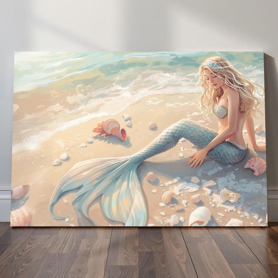 Serene mermaid beach wall art featuring a peaceful ocean goddess with flowing blonde hair and shimmering turquoise tail resting on a sandy shoreline surrounded by seashells, soft pastel waves, and glowing coastal light