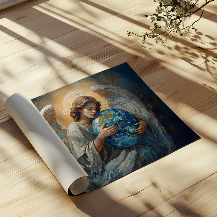 Spiritual angel wall art featuring a celestial guardian with white wings and glowing halo gently holding the Earth, painted in rich blue and gold tones, available as framed canvas or art print.
